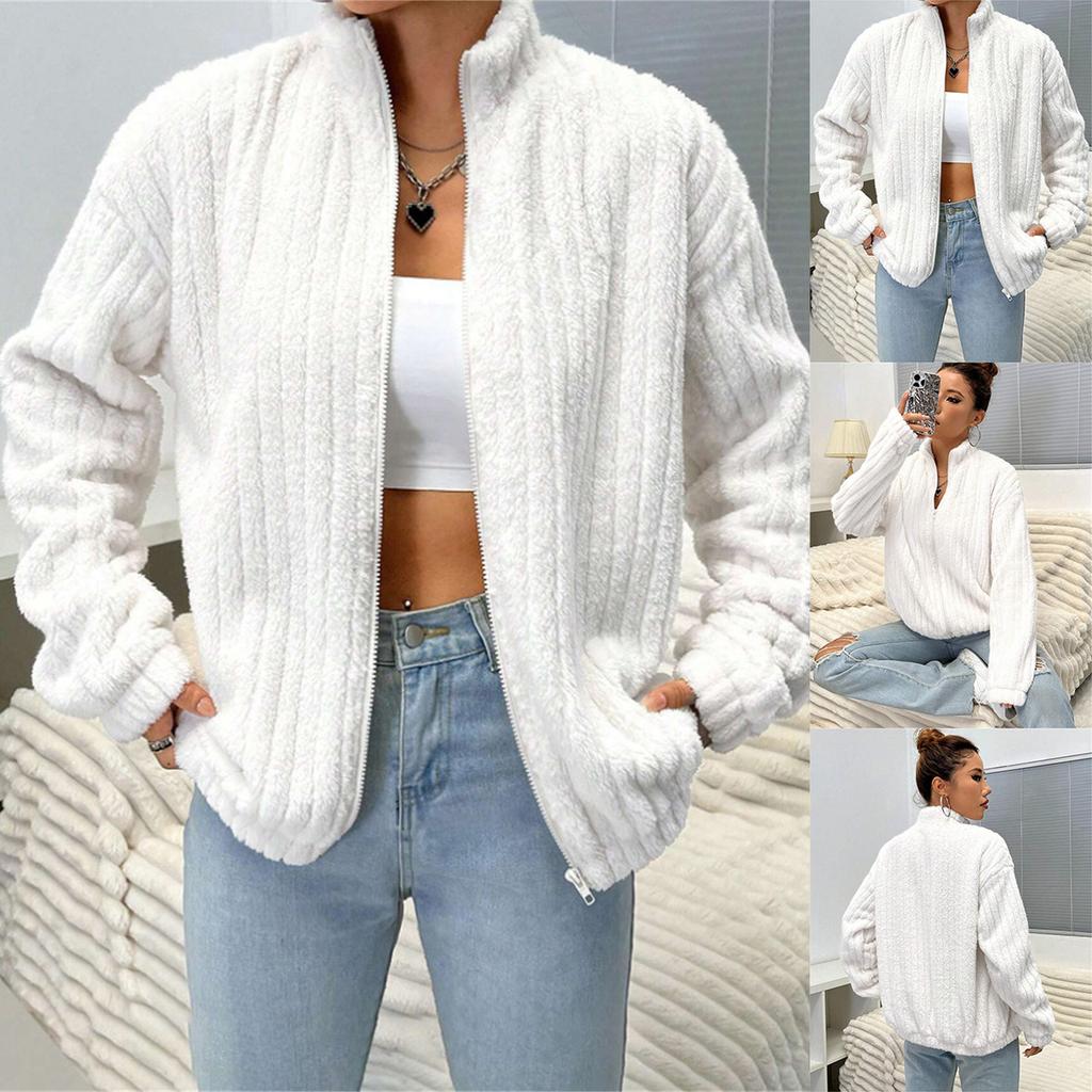Women's Clothing, New Autumn/winter 2025 Collection, Pit Stripe Design, Plush Cardigan, Stand Up Collar Short Jacket, Warm Jacket