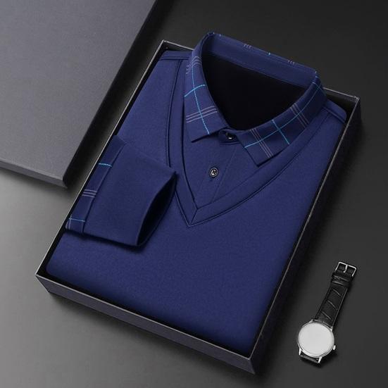 Fall Winter Men Sweater Fake Two-piece Lapel Plaid Slim Fit Thick Plush Warm Knitted Soft Long Sleeve Pullover Formal Business Style Mid-aged Men Top