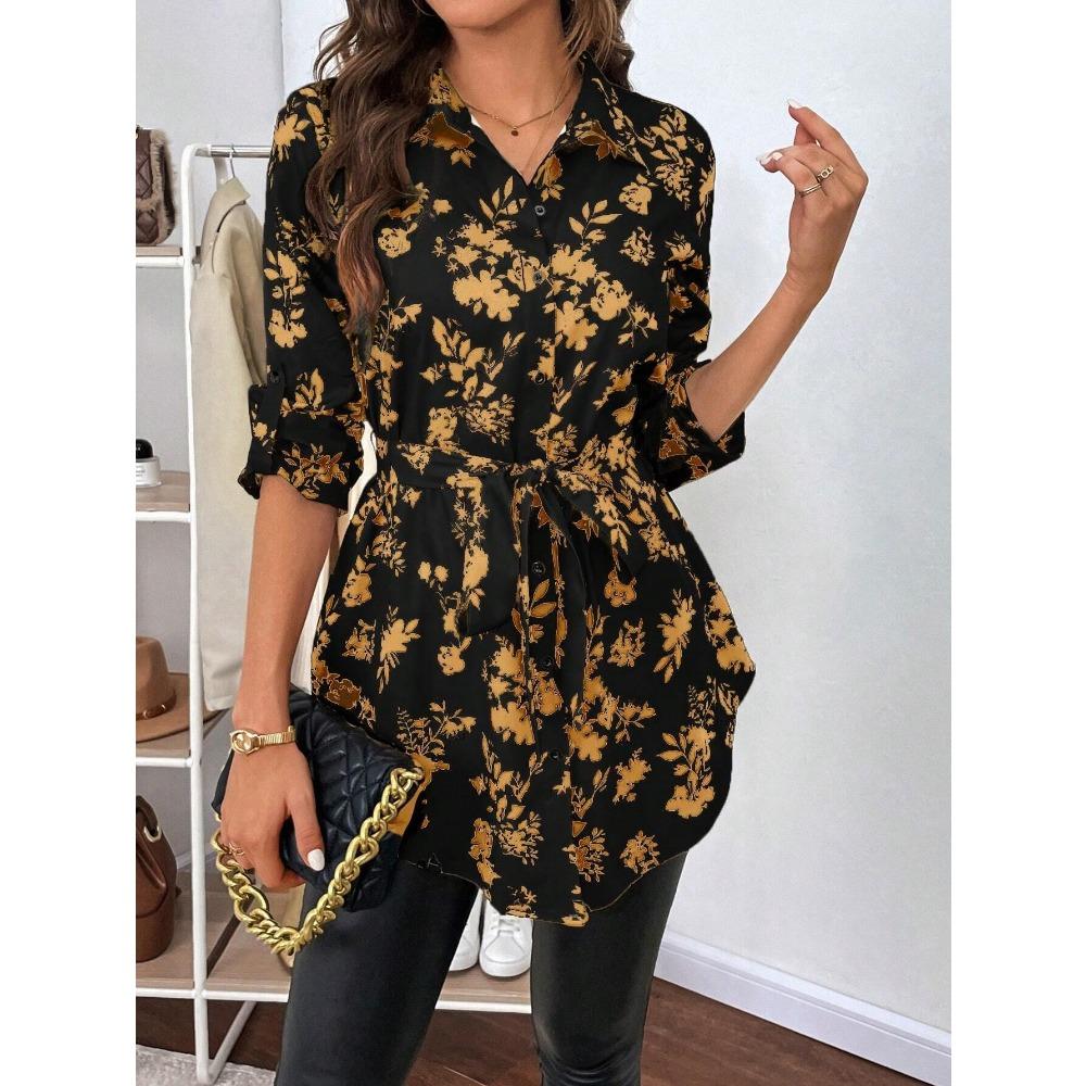 

Осенне-зимняя женская элегантная рубашка с длинным рукавом и цветочным принтом XXL чёрный