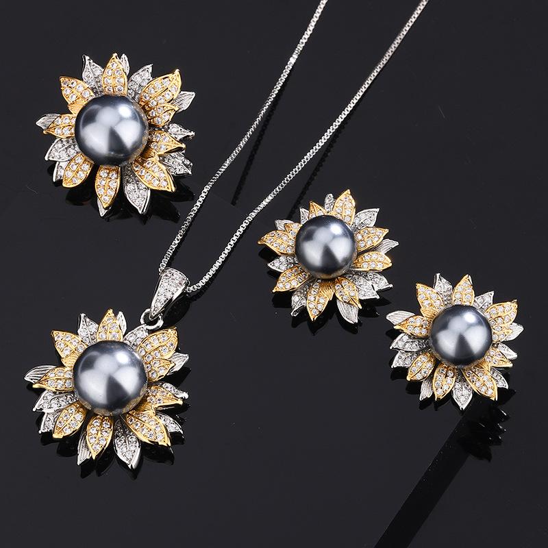 Pearl Set Jewelry Imitation Natural Pendant Ring S925 Silver Needle Grey Earrings Double Color Electroplating