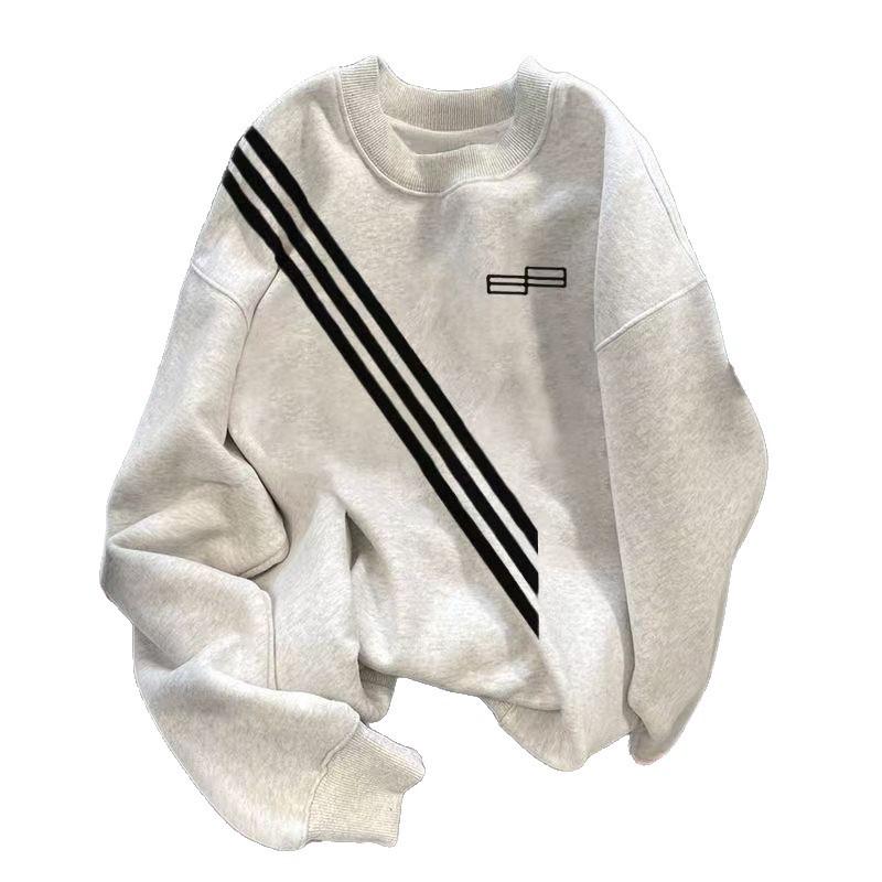 Crew neck sweater retro high street long-sleeved men's autumn and winter trend fleece thickened loose women's casual personalized top
