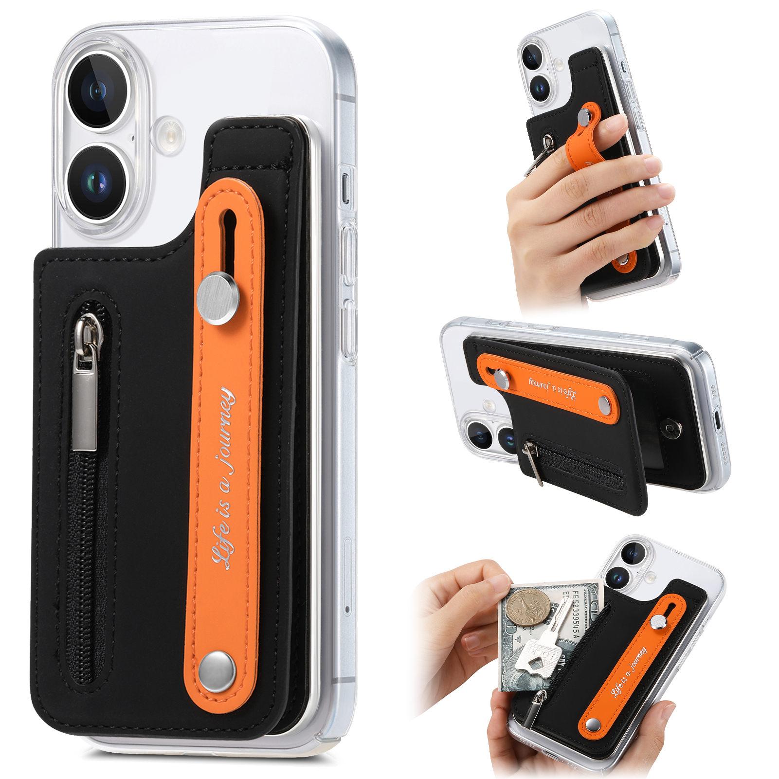 

CY2 For iPhone 16 Plus Case Wristband Leather+PC Zipper Pocket Phone Cover RFID Blocking Black