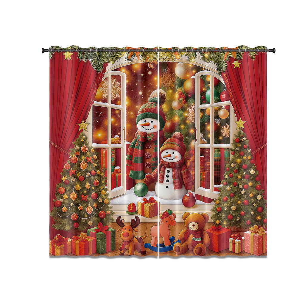 2Pcs Merry Christmas Snowman Print Blackout Curtains In Multiple Sizes Living Room Insulation Holiday Decoration Easy To Install