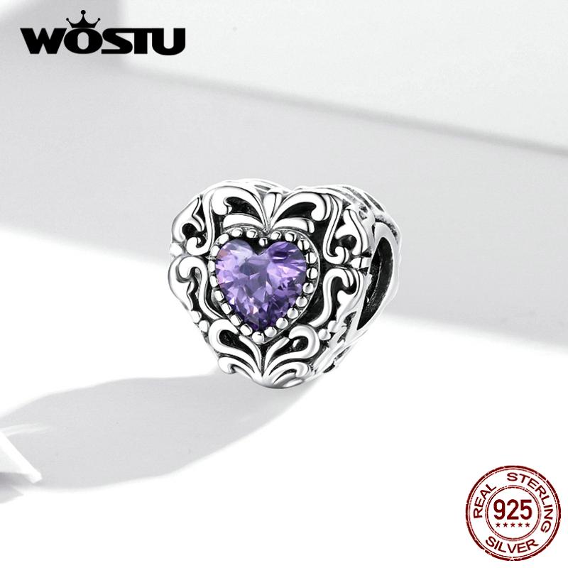 

WOSTU элегантный ретро-узор фиолетовый циркон в форме сердца из стерлингового серебра 925 пробы бусины-подвески подходят к оригинальному браслету DIY ювелирные украшения 925 silver