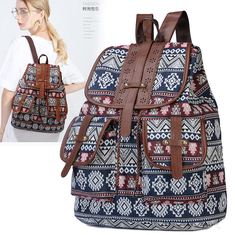 Ethnic Style Retro Women's Backpack Personalized Fashion Pattern Plaid Double Shoulder Bags Casual Large Capacity Drawstring Female Travel Rucksacks
