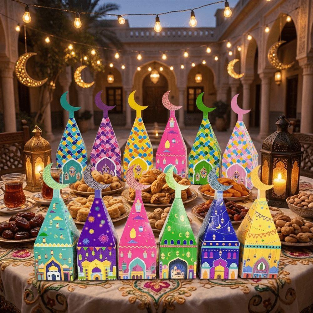 12Pcs Favor Bags Eid Mubarak Gift Box Moon Castle Pattern Candy Packaging Box  Muslim Festival