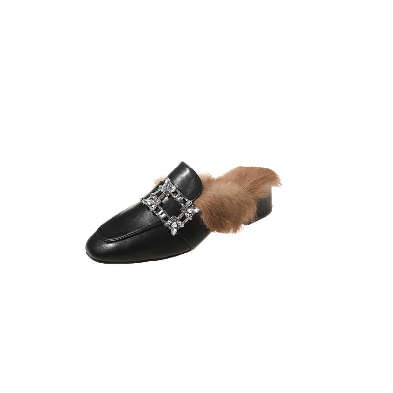 Fashion Aphixta Crystal Square Buckle Warm Winter Slipper Real Fur Women Mule Furry Shoes Square Toe 4.5cm Med Heel Black Modern Slides