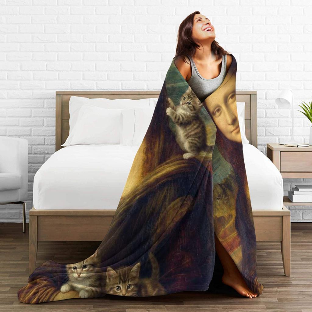 Cat Mom Mona Lisa Soft Comfy Blankets Trend Picnic Bedding Throws Couch Chair Flannel Bedspread Sofa Bed Cover