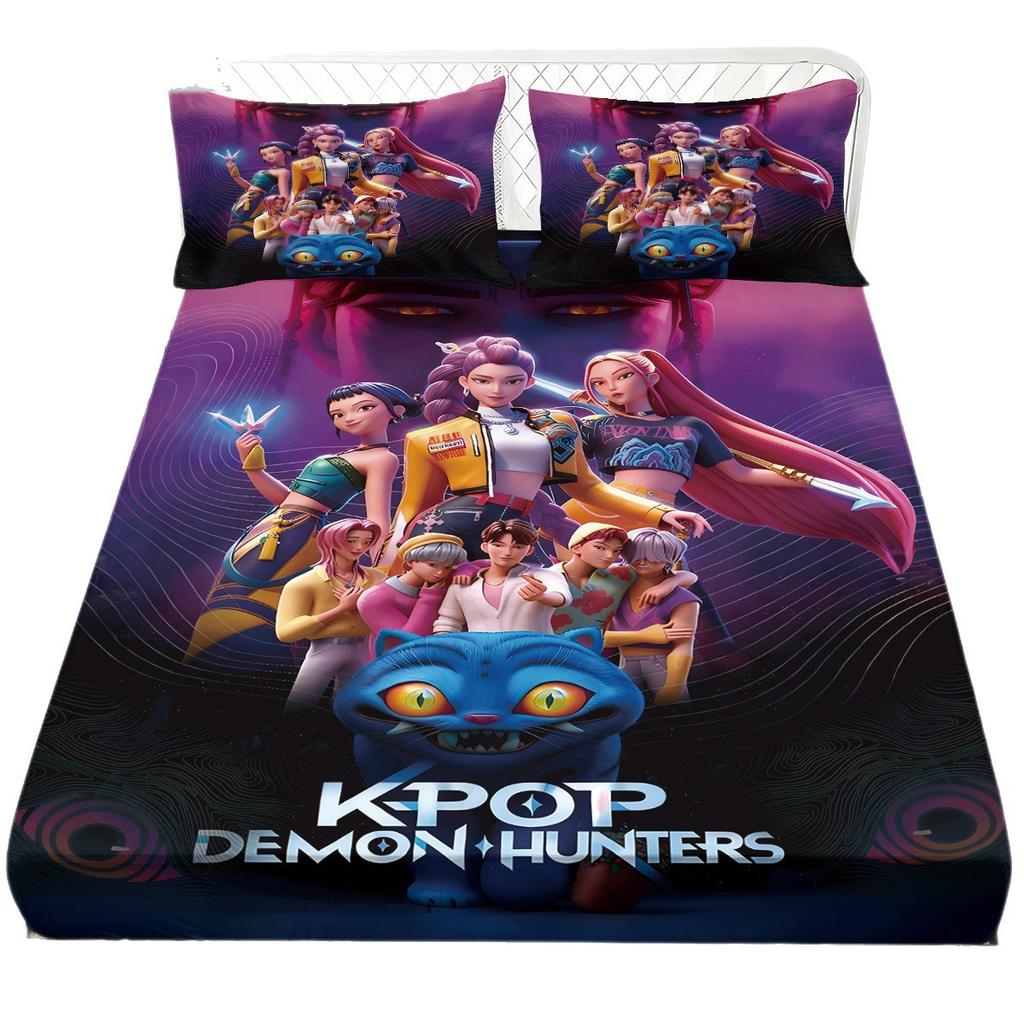1pc K-Pop Demon Hunters Fitted Sheet Polyester Durablle Machine Washable Bedding Set for Home Bedroom Decoration Birthday Gift