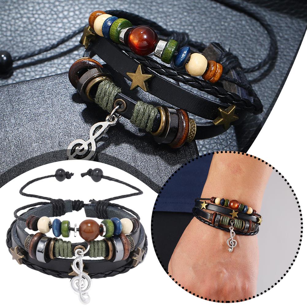 Trendiges Verstellbares Armband Handgeflochtenes Braunes Leder Knopf Metall Holz Für Unisex Armreif Sta A1T6