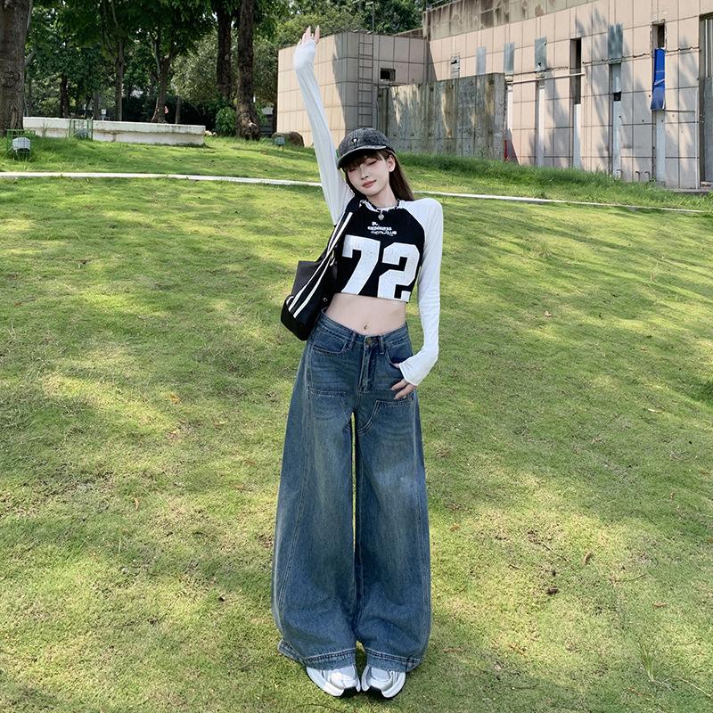 Autumn new American retro street jeans women's high waist loose and thin versatile washed floor-mopping wide-leg pants tide
