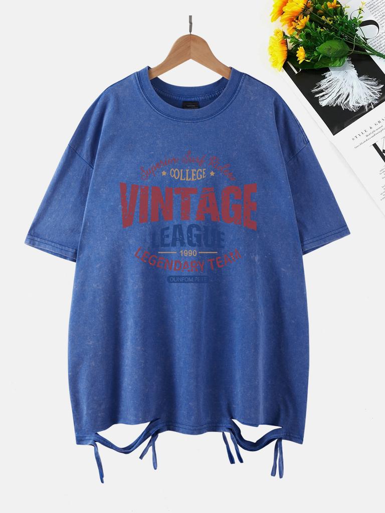 Vintage League Letter Prints Washed TShirts Women Cottontops Comfortable ONeck Oversize T Shirts Fashion Womans Streetwear