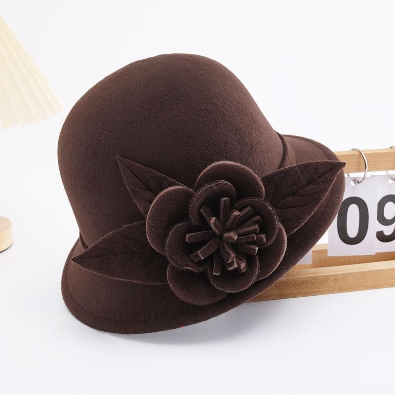 Hat Women's autumn and winter woolen hat British retro bowler hat Elegant and fashionable flower fashion hat Felt hat Trendy and casual