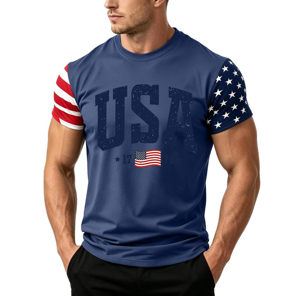 Men's Independence Day Flag Print Short Sleeve T-Shirt, Loose Casual Daily Summer Tops