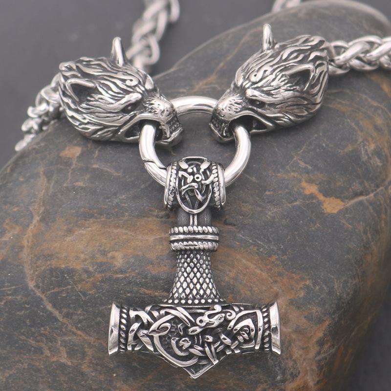 Nordic Viking Wolf Head Thor Hammer Pendant Necklace Men s Accessories