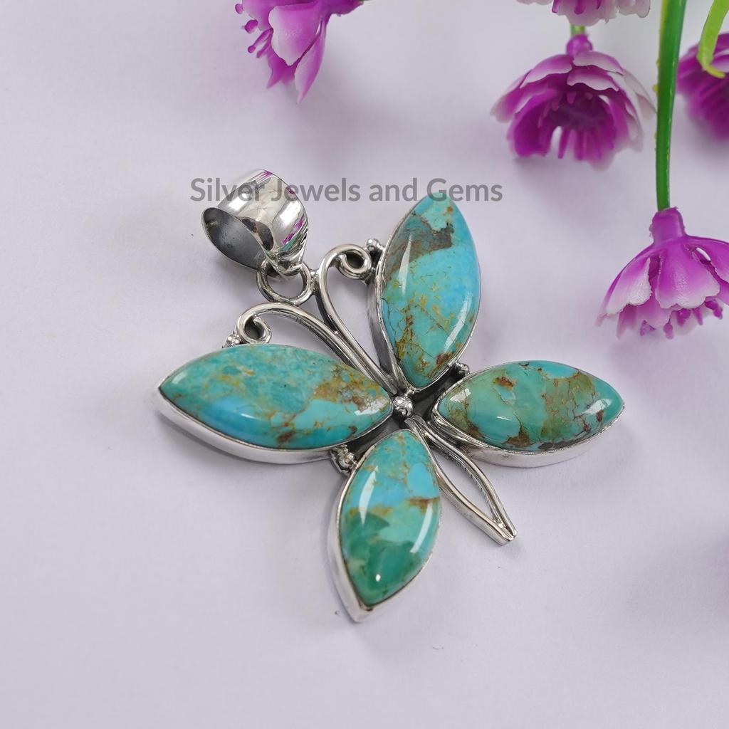 Kingman Turquoise Pendant, Butterfly Pendant, Statement Pendant, 925 Sterling Silver, Gift for Mother, Long Marquise Pendant