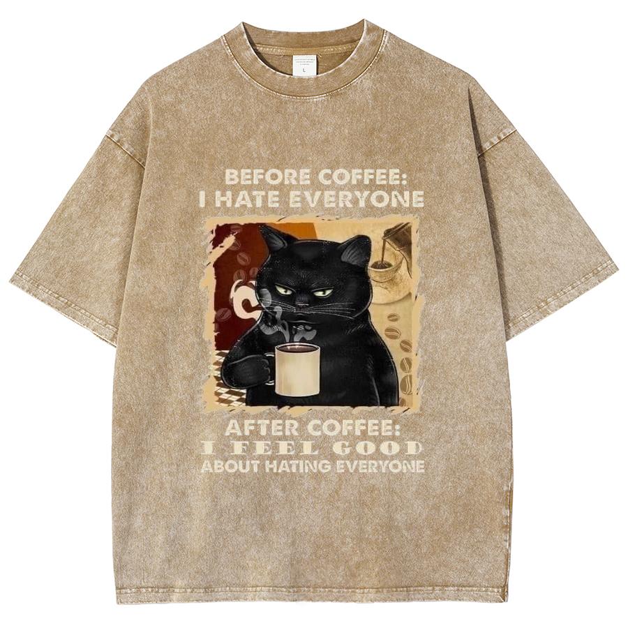 

Черная футболка унисекс с принтом «Счастливый кот пьет кофе», свободная, большого размера, с коротким рукавом, американская винтажная, уличная 3XL