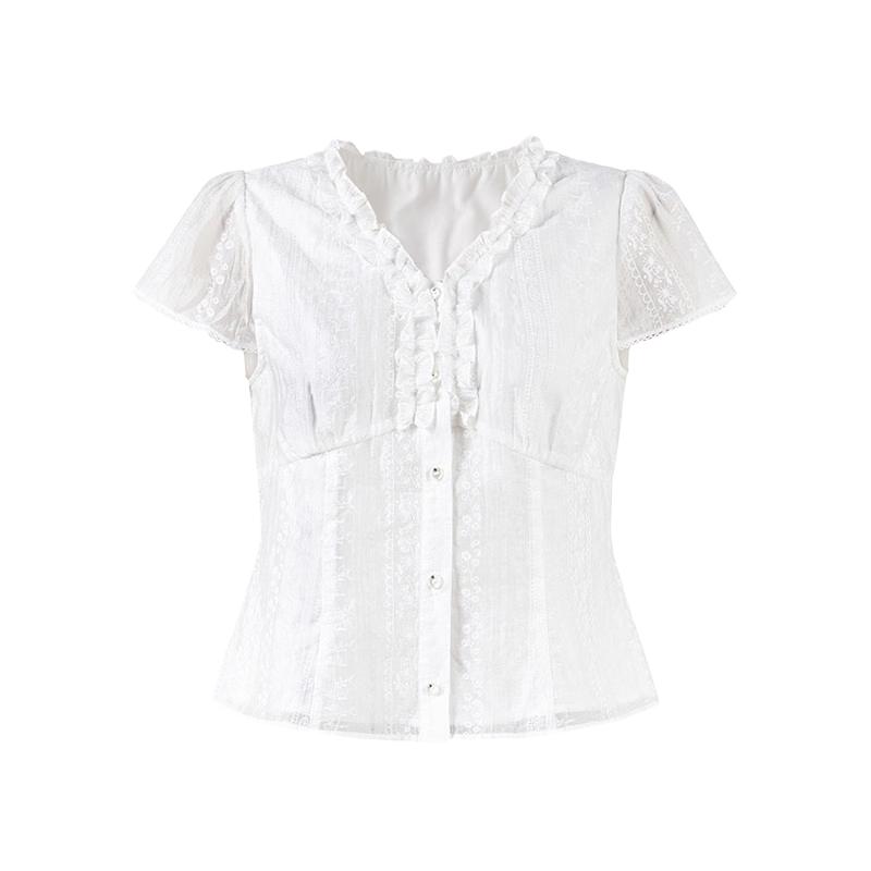 Women s V-Neck Ruffle Trim Short Blouse XL