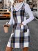 Evropské a americké dámské overalové šaty s V-výstřihem, kostkované, s kapsou - Jarní a podzimní módní oblečení