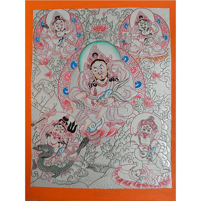 Hand-Painted Nepalese Buddha Thangka: Manjushri, Yellow Jambhala, Thousand-Armed Avalokiteshvara, Mahakala, Zhakilaamu Wall Hanging