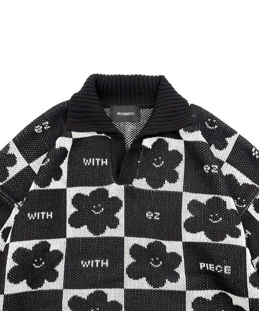 PEACE MAKER Daisy Checkerboard Polo Knit Sweater (Black)