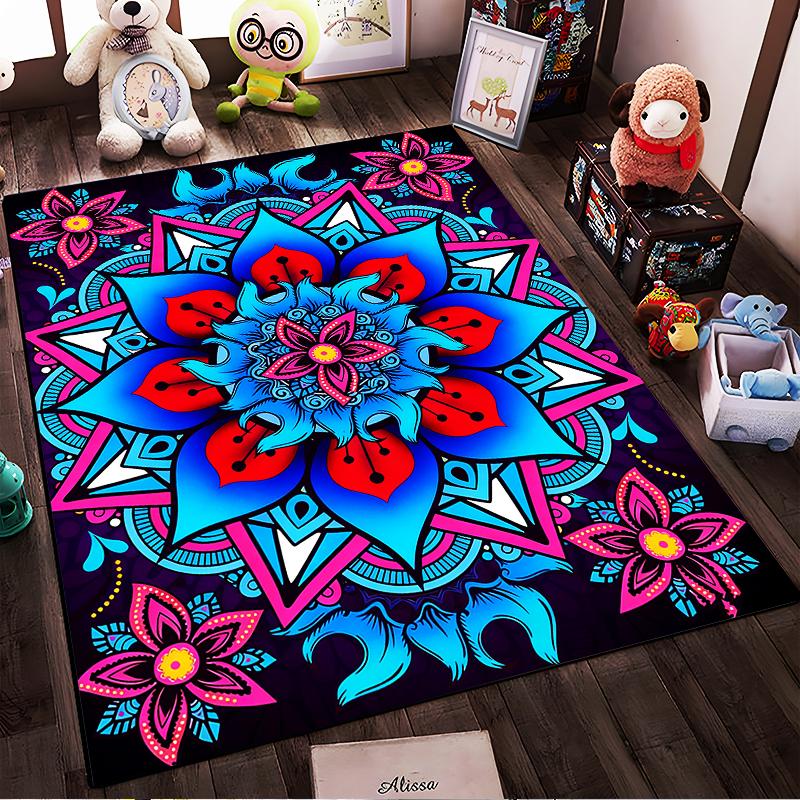 Colorful Mandala Pattern Carpet with Blue and Pink Floral Design Suitable for Use As an Anti-slip for Living Room Bedroom Sofas