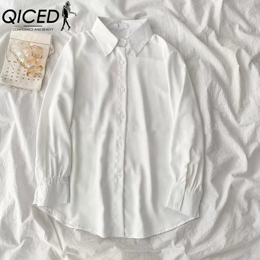 

QICED Жіночі Модні Повсякденні Однотонні Блузки та Сорочки з Принтом з Довгим Рукавом та Комірцем ПОЛО M білий