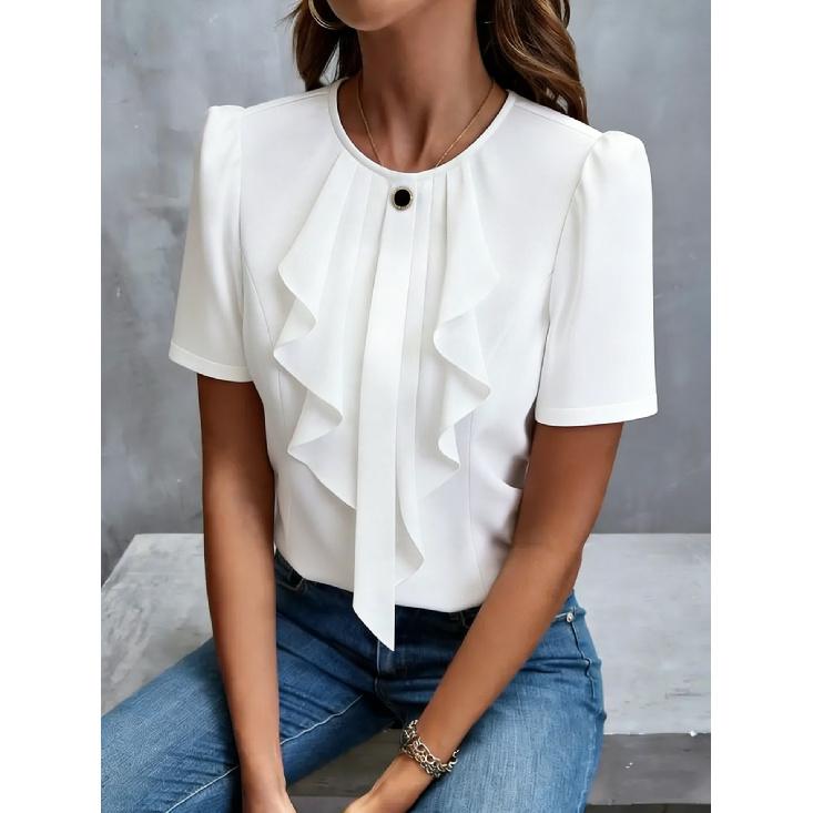 

2026 New Women s Summer Ruffled Pleated Round Neck Short Sleeve Shirt Top S