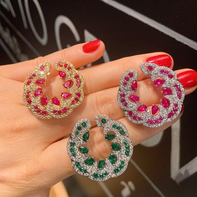 Jewelry Temperament Women'S Earrings Style Emerald Red Treasure Exaggerated Large Stud Earrings Earrings Full Of Diamonds