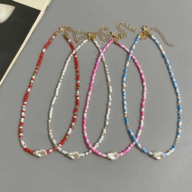 Fashion Boho Beads Necklace Women Imitation Pearl Seed Beaded Strand Short Choker Necklace Handmade Female Jewelry