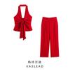 Kaslead New Women Clothes Western Style Knot Hanging Collar Vest Wide Leg Pants 1608130 1608030