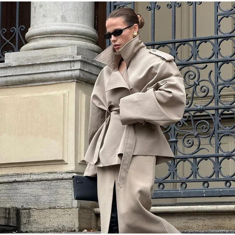 Solid Laepl Lace Up Trench Coat Women Fashion Full Sleeve Waist Cinching Short Windbreak Autumn Office Commute Outwear