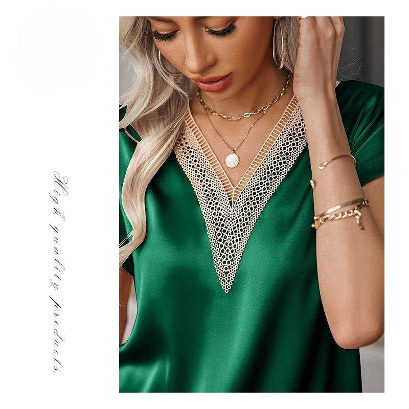 Lace V-neck T-shirt Satin Loose Short Sleeved Top Women's Commuting Style Women's Clothing T-Shirts Women’s