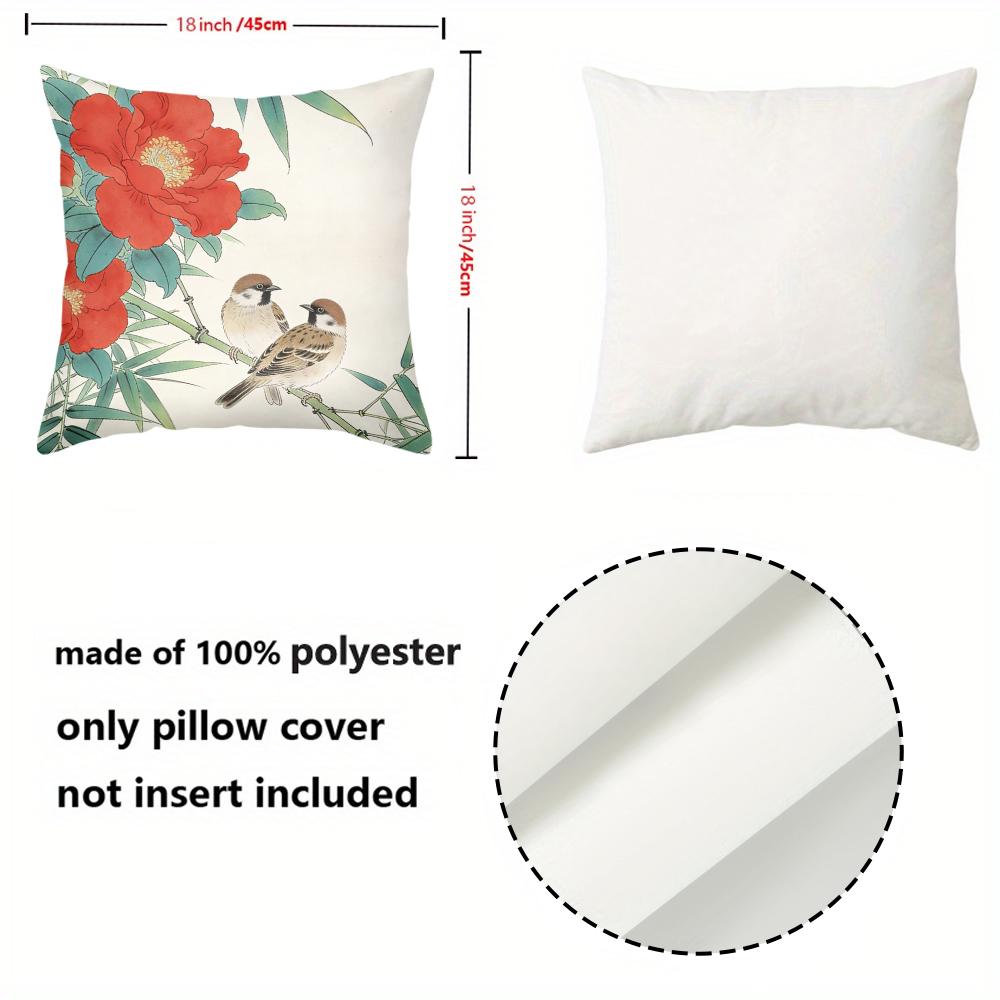 1 Pieces Red Flowers And Sparrows Printed Decorative Cushions Polyester Pillowcase, Sofa Decorative Cushion Cov Headboard Pillow