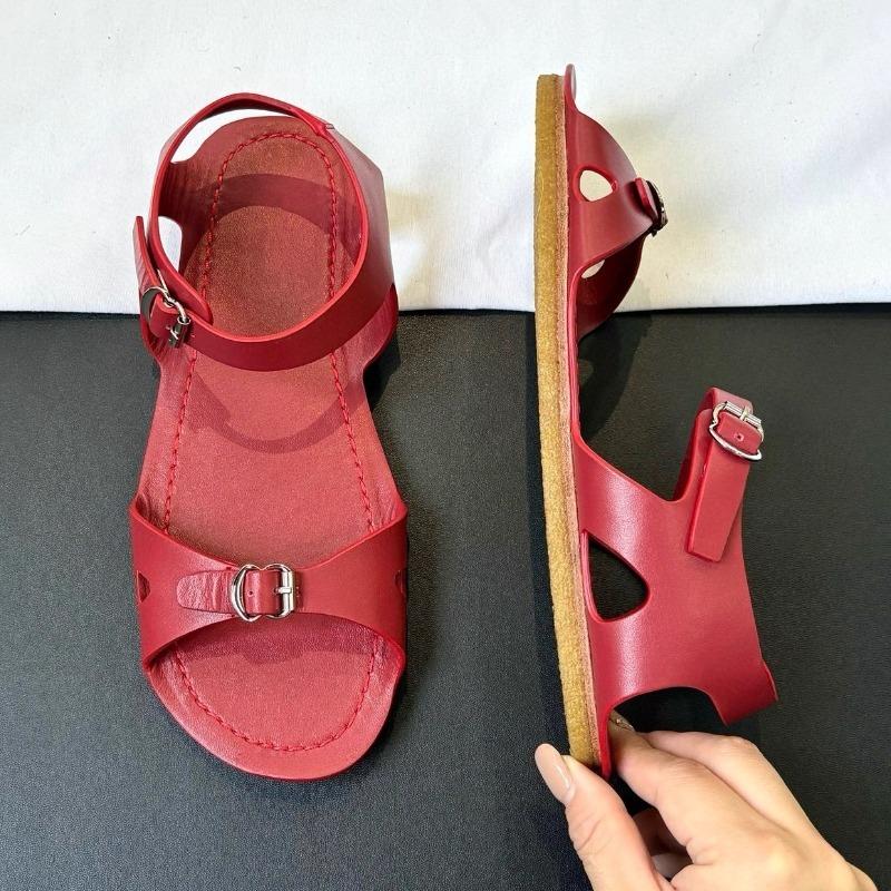 Fashion High Quality Red Pu Flat Sandals Women Fashion Cozy Back Strap Buckle Design Brand Casual Shoe Summer Sexy Open Toe Beach Sandal