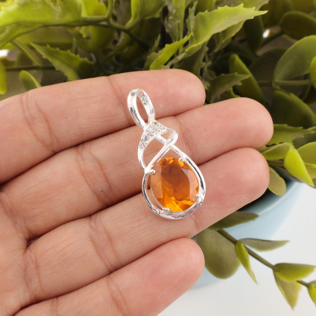 Citrin Ädelsten 925 Sterling Silver Smycken Zirkon Hänge 1,22" För Kvinnor Gåva CZP-13-3
