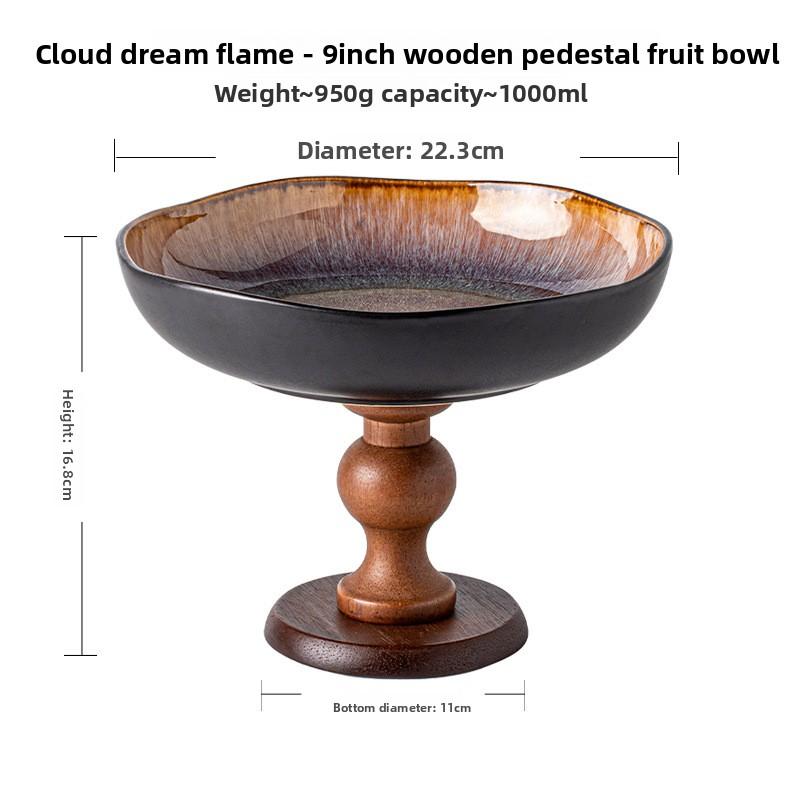 Luxury Vintage Wooden High Foot Fruit Plate Ceramic Snack Tray Home Decor