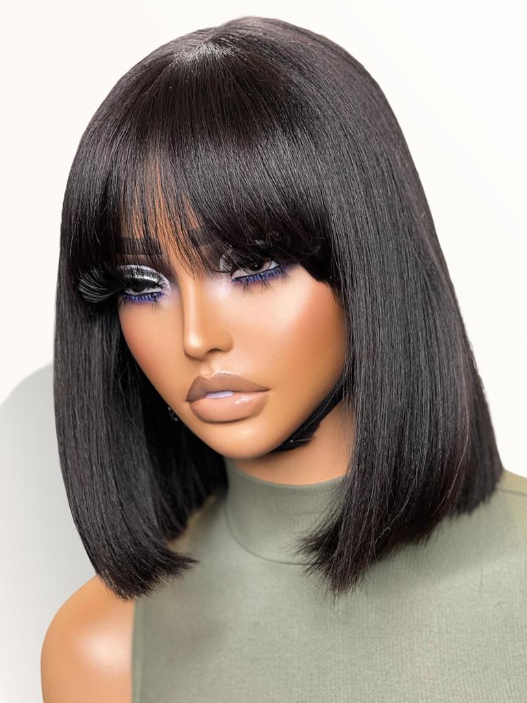 Natural Color Short Hair Mechanism Bangs Bob Wig Black 3*1 Silk Base Lace Wig Women's Straight Bangs