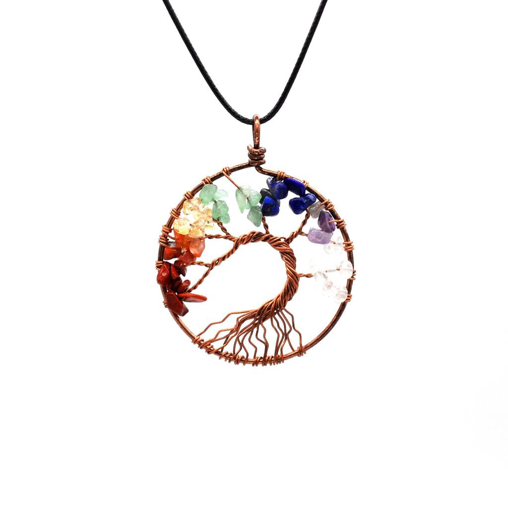 Hand-Wound Natural Stone Crystal Ancient Red Copper Curved Tree Of Life Curved Tree Necklace N01