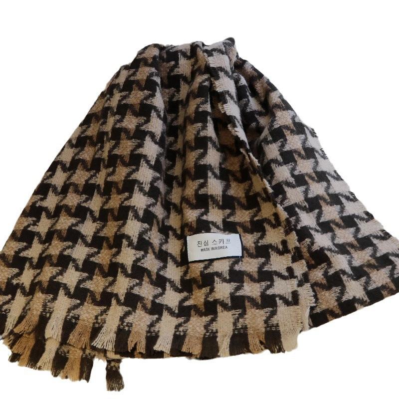 Black and white plaid scarf women's autumn and winter imitation cashmere couple warm scarf thousand bird grid versatile fringed shawl