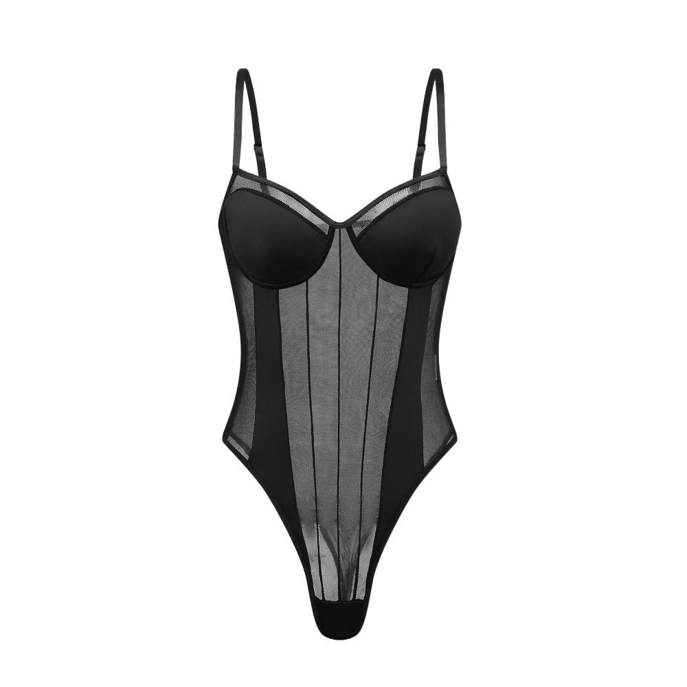 

Комбинезоны-майки без рукавов Облегающий сетчатый боди Женские простые комбинезоны с глубоким V-вырезом Вечеринка S чёрный