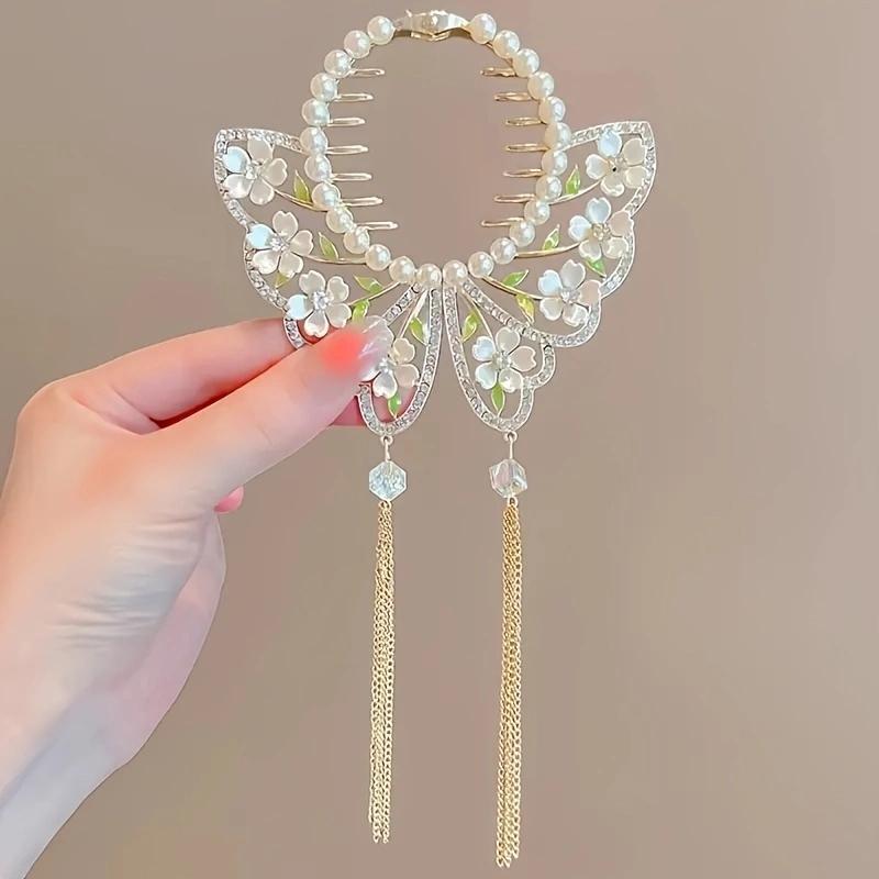 1pc zinc alloy rhinestone imitation pearl hair ornament, high-end elegant tassel headpiece, delicate ball hair clip, suitable fo
