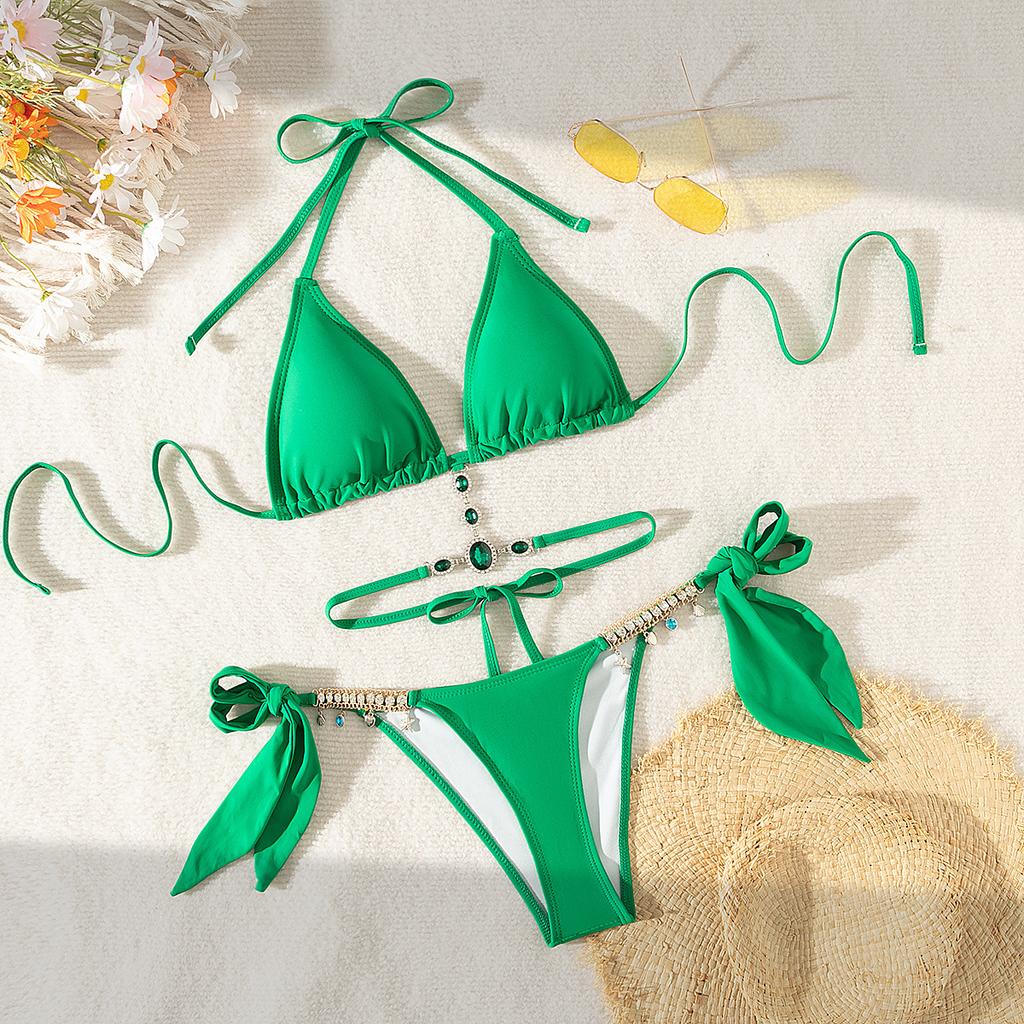 New Women'S Swimwear Crystal Diamond Triangle Bag Straps Backless Beach Bikini European And American Swimsuit