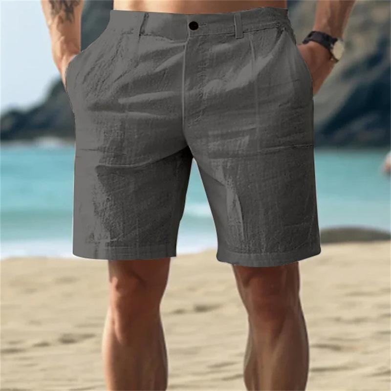 Men's Summer New Linen Beach Breathable Straight Casual Shorts Solid Color Loose Vacation Style Five-point Pants