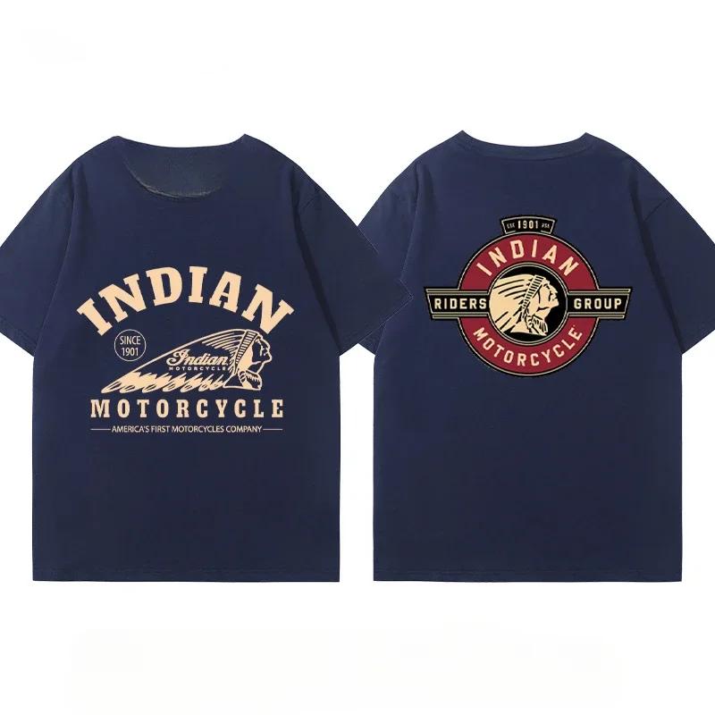 Indian Motorcycle Heavy Locomotive Cruise Bike Riding Suit Club Print Summer Cotton Casual Motorcycle Men's and Women's T-Shirt