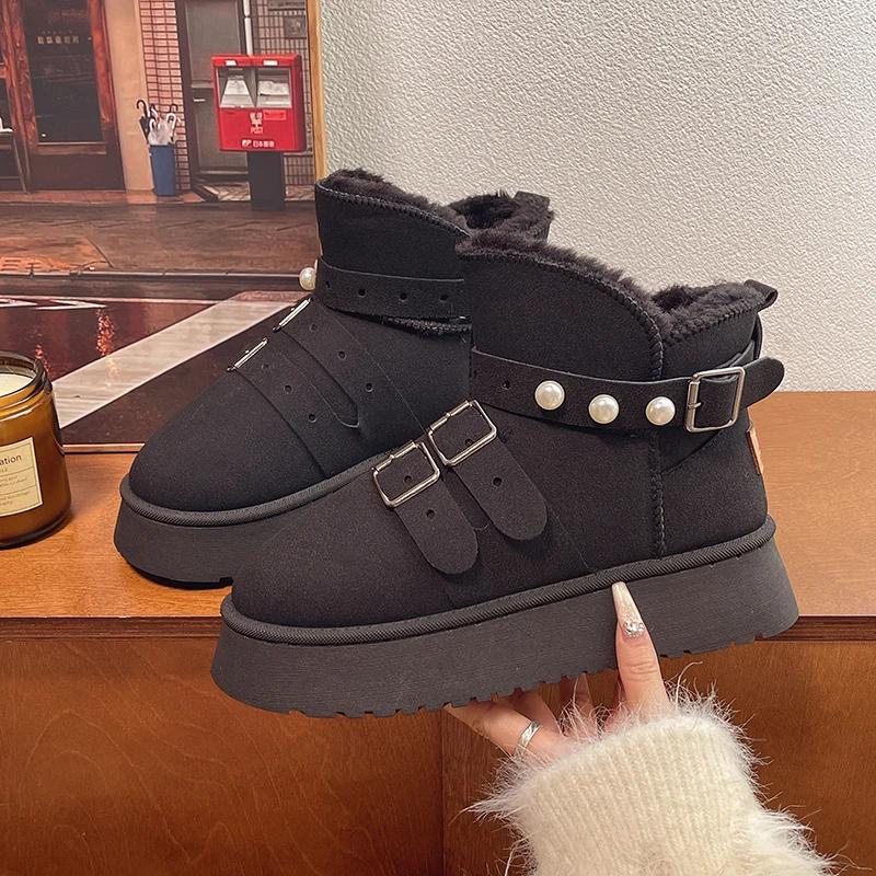 Fashion Fashion Suede Women Ankle Snow Boots Winter Pearl Belt Buckle Designer Short Plush Warm 2025 Trend Cozy Women Shoes Botas Mujer