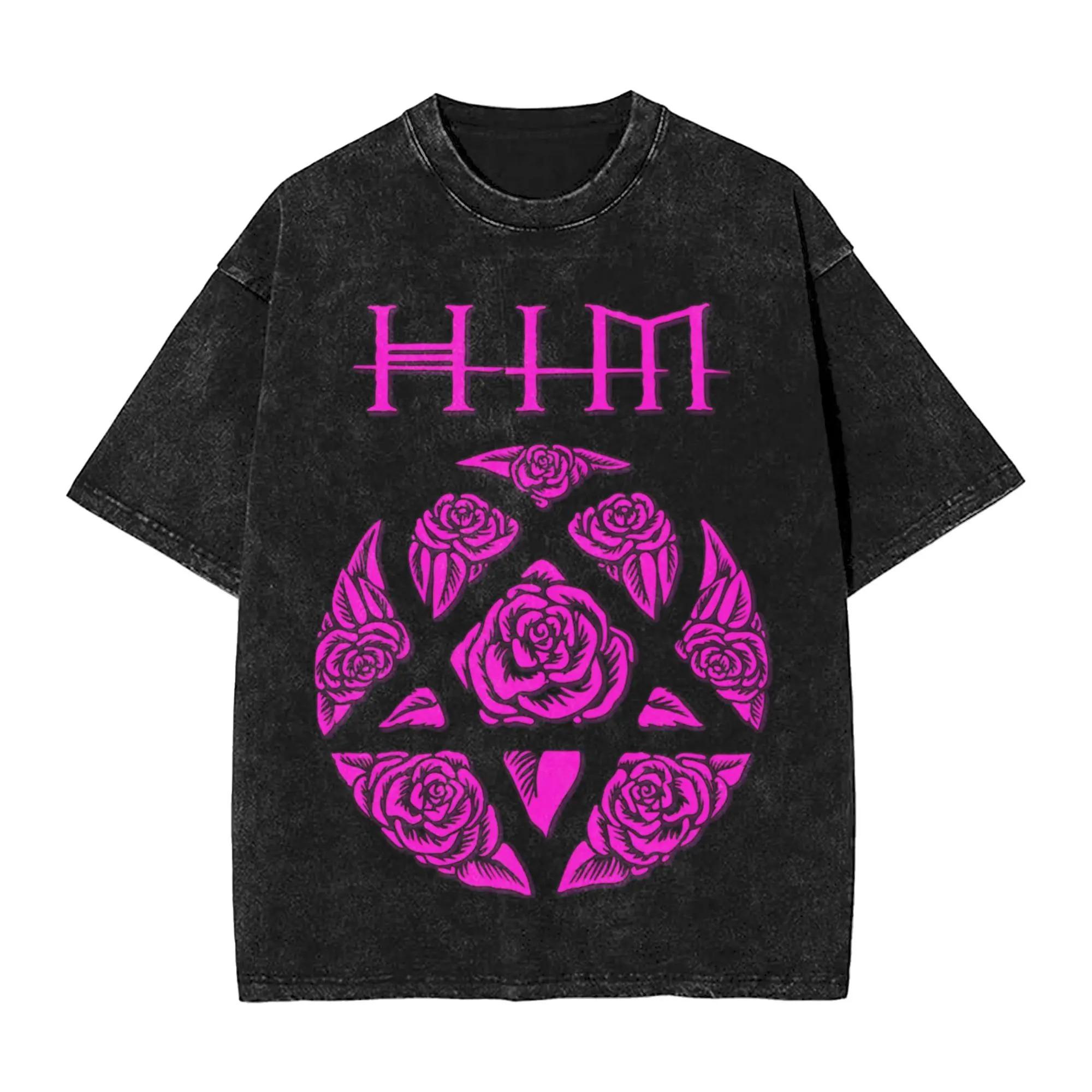 

HIM Heartagram Classic LOGO Graphic Print TShirt Men Women Vintage Washed Cotton ONeck Summer New Tees Oversized Harajuku Tops S
