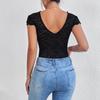 2025 Summer European & American Solid Lace-Trim Deep V Backless Bodysuit