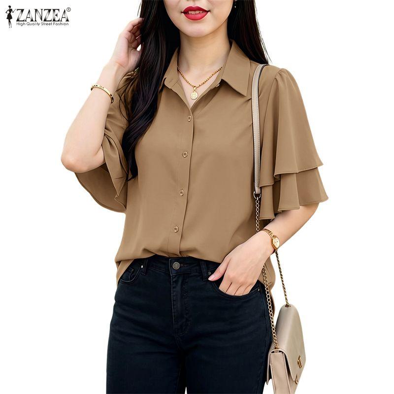 ZANZEA Women Commute Casual Turn Down Collar Loose Half Sleeve Blouse
