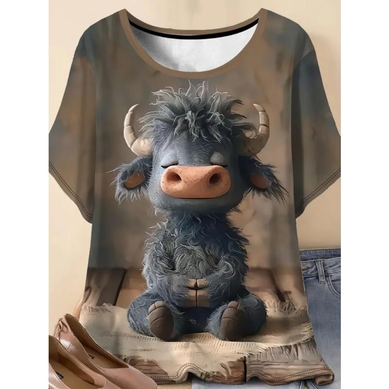 Fashion Women's Crew Neck T-Shirt 3D Color Printing Simple Crew Neck Short Sleeve Loose